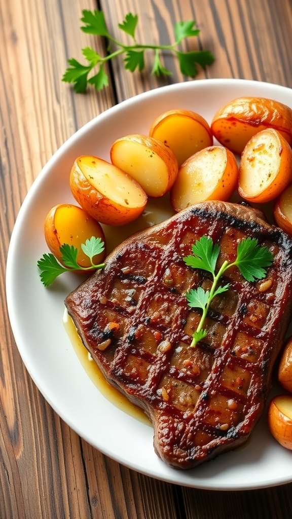 Garlic Butter Steak and Potatoes in Air Fryer Garlic butter steak with crispy baby potatoes garnished with parsley on a rustic table.
